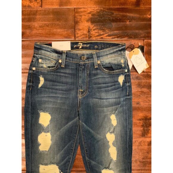 7 For All Mankind Med Wash Skinny Super Skinny Distressed Blue Jeans, Sz 25 NWT - Picture 2 of 6